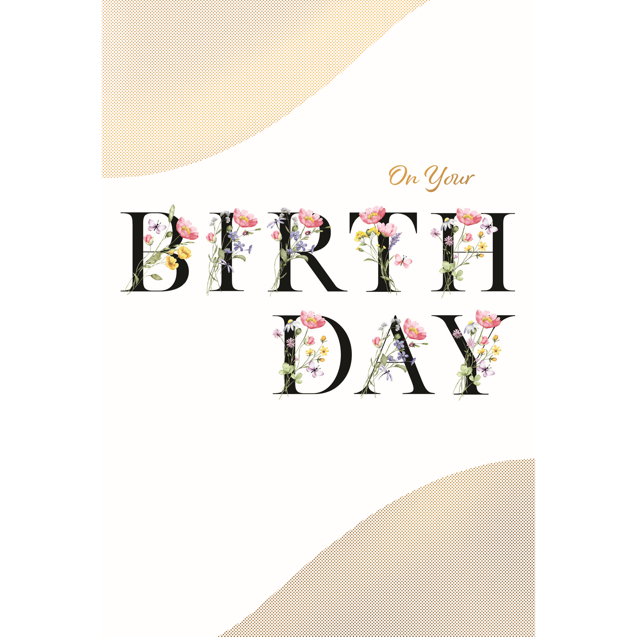 Pictura floral letters birthday card featuring colorful flower designs on a white background, perfect for celebrating special occasions.